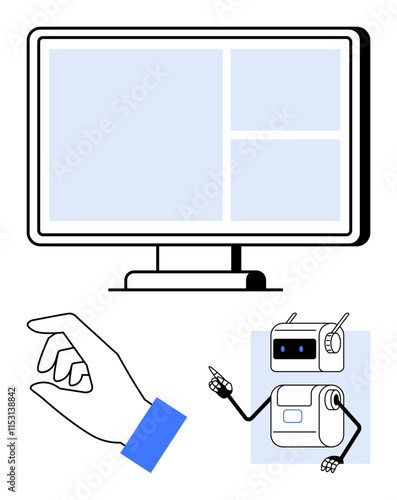 Large computer monitor hand with blue cuff pointing, cute robot pointing. Ideal for tech, AI, robotics, digital interaction, interfaces, learning, innovation. Line metaphor