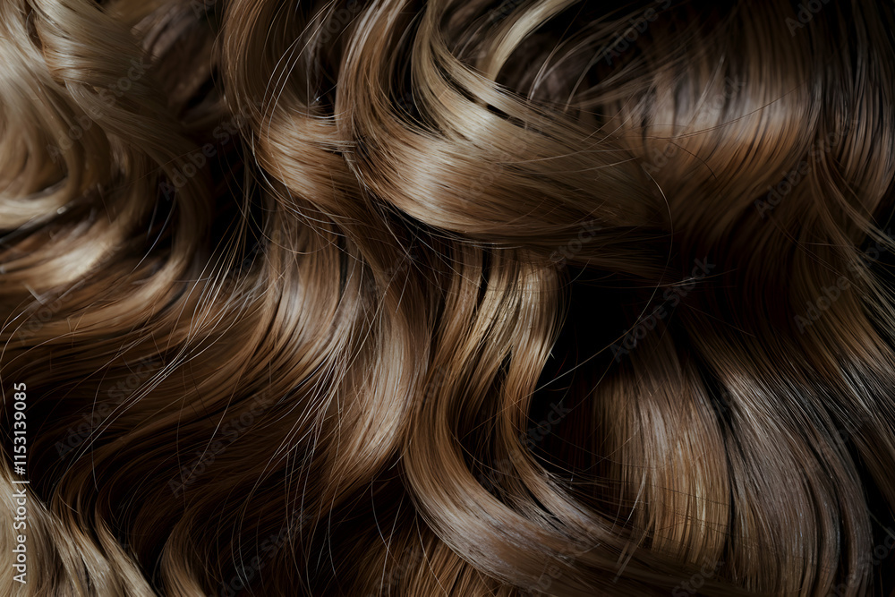 Rich brown hair cascading in waves, shimmering under soft light Rich brown hair cascading in waves, shimmering under soft light