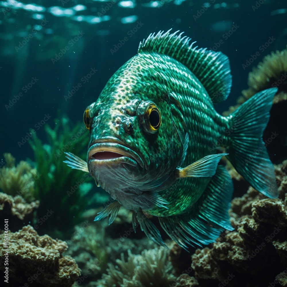 A soft-furred fish resembling a shimmering emerald as it swims through an underwater jungle. A soft-furred fish resembling a shimmering emerald as it swims through an underwater jungle.