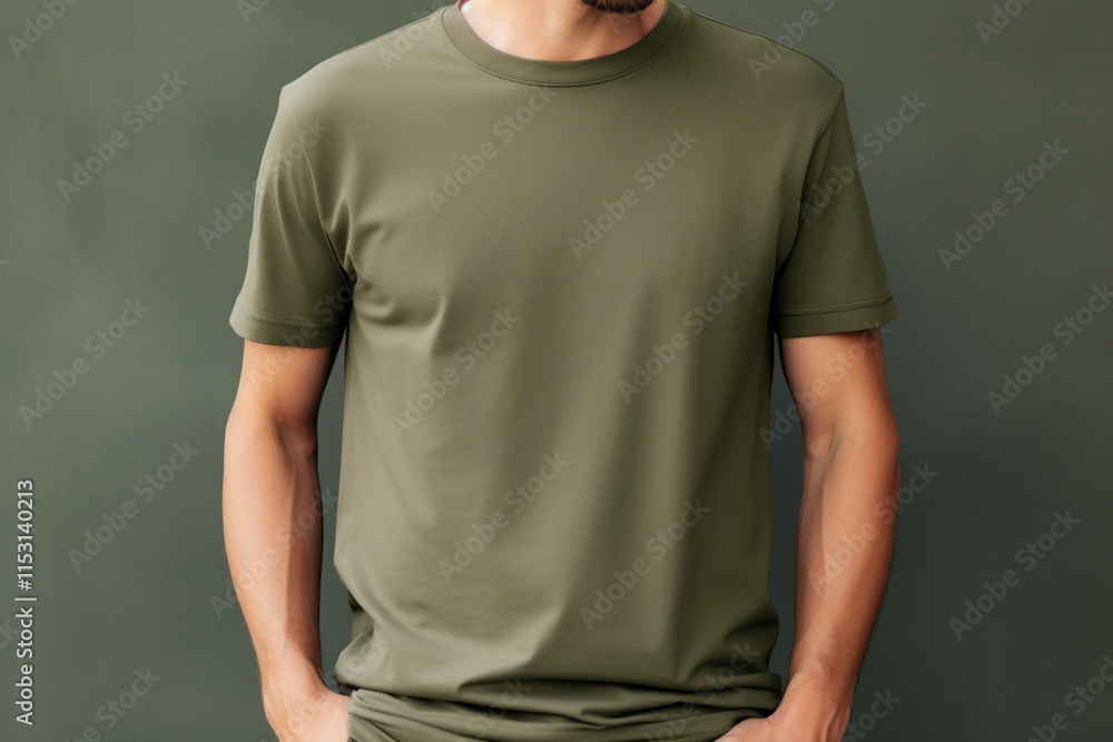 Handsome Man in Army Green T-Shirt Mockup: Rugged and Stylish Handsome Man in Army Green T-Shirt Mockup: Rugged and Stylish