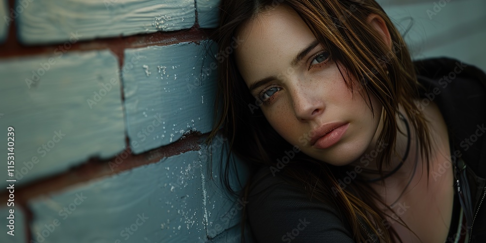 Fototapeta premium portrait of a woman sit with wall
