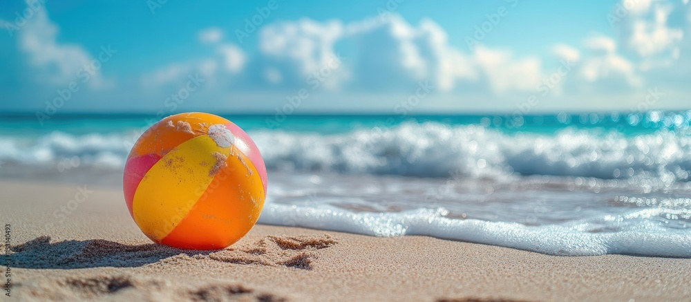 Beach Ball on Sandy Shore, Summer Vacation Paradise Beach Ball on Sandy Shore, Summer Vacation Paradise
