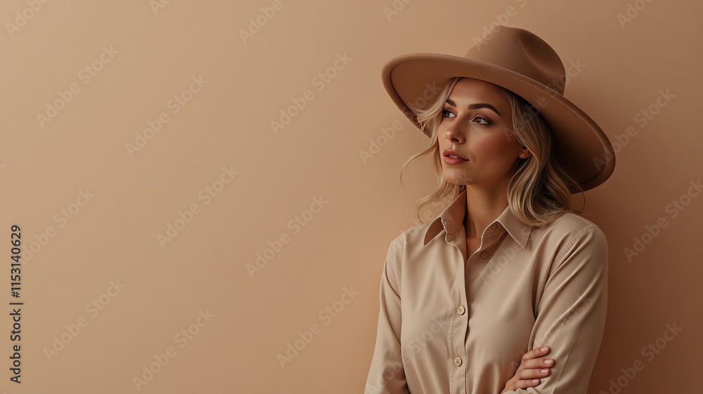 Stylish woman in tan hat and shirt with beige wall background,color 2025 Stylish woman in tan hat and shirt with beige wall background,color 2025