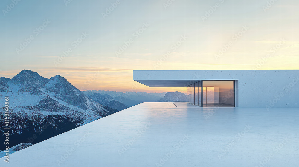 A minimalist white concrete house with panoramic windows overlooking the majestic mountains at sunrise A minimalist white concrete house with panoramic windows overlooking the majestic mountains at sunrise