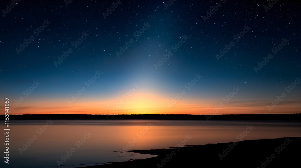 Fototapeta premium Serene Sunrise Over Calm Waters and Starry Sky