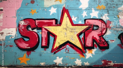  grungy street wall painted in graffiti style with  word " STAR "
