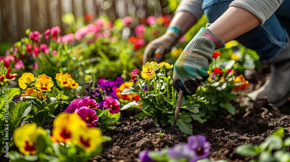 Fototapeta premium Gardener Hands Planting Colorful Flowers