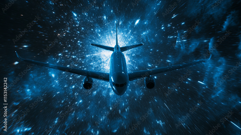 Naklejka premium The plane of the blue glowing dots. Single-engine plane view from below