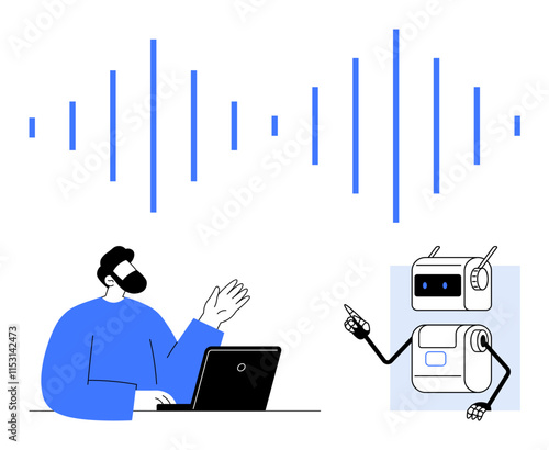 Human with a laptop uses voice commands to interact with a robot and sound waves. Ideal for AI, robotics, voice recognition, human-computer interaction, machine learning, technology communication