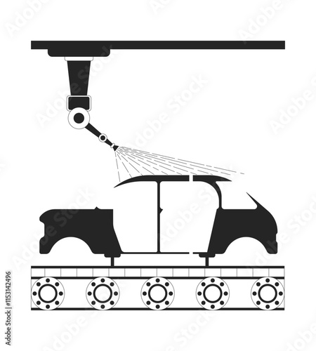 Car body airbrushing with industrial paint robot black and white 2D line object. Automatic spray coating on vehicle frame isolated clip art vector outline item. Monochromatic spot illustration