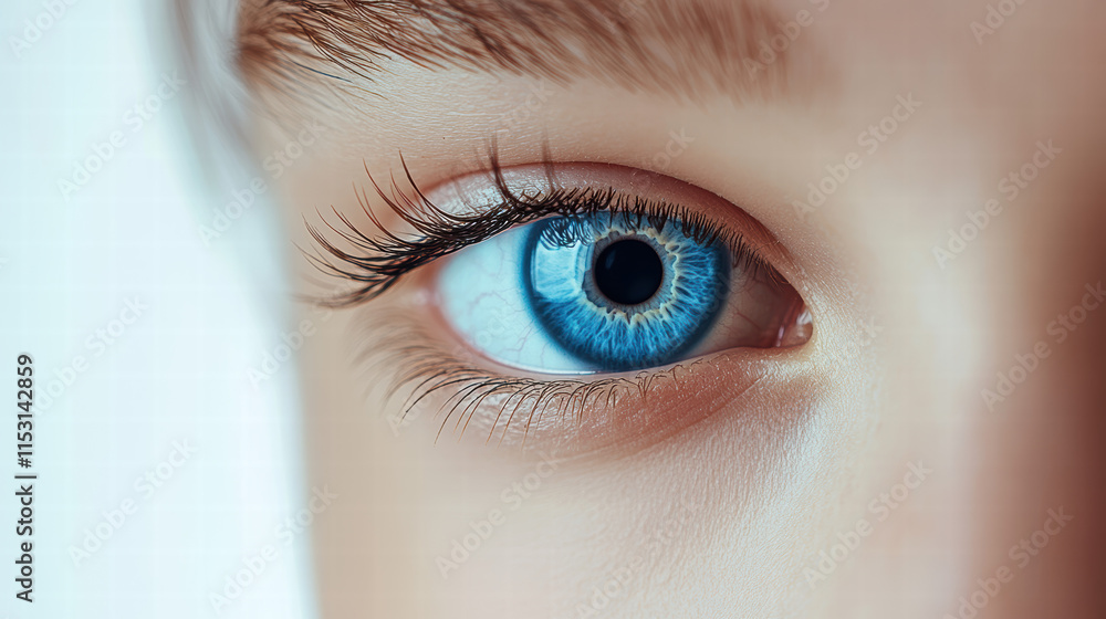 Obraz premium Close-up of a beautiful woman's blue eye with a contact lens, against a white background