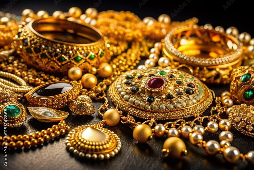 Golden Jewelry Collection: Top View Double Exposure on Black Background Golden Jewelry Collection: Top View Double Exposure on Black Background