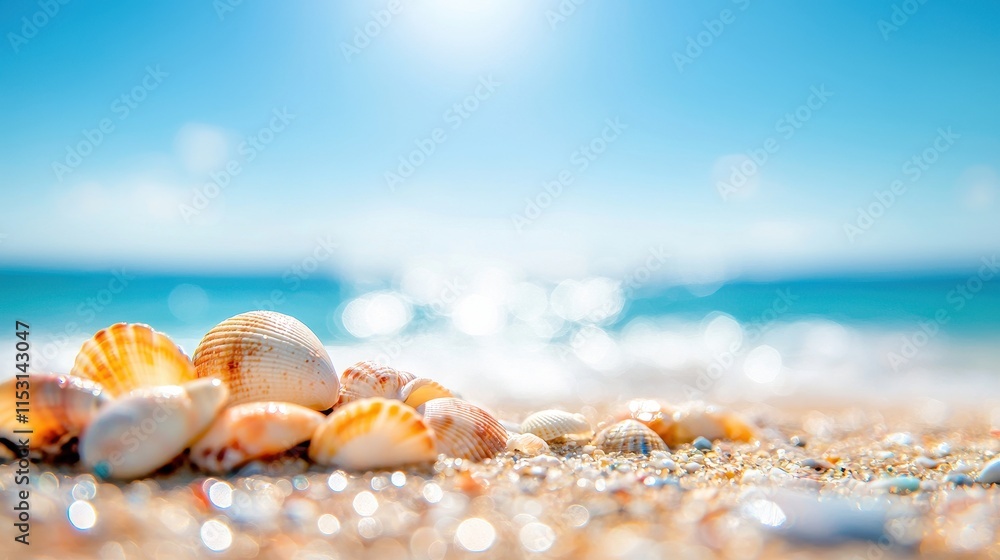 Beautiful Seashells on Sandy Beach with Sparkling Water and Bright Blue Sky Beautiful Seashells on Sandy Beach with Sparkling Water and Bright Blue Sky