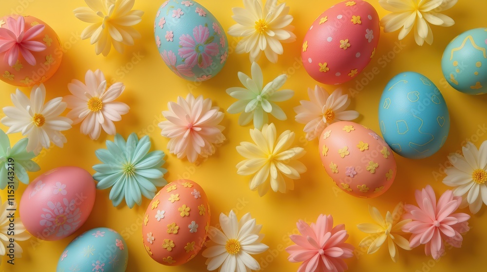 Pastel Easter eggs with daisies on a yellow background. Pastel Easter eggs with daisies on a yellow background.