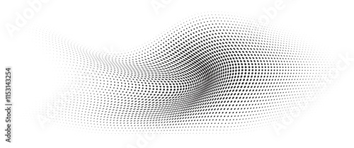 Flowing Wave Dot Halftone Pattern: Curve Gradient Shape on Transparent Background. Suitable for AI, Tech, Network, Digital, Science, and Technology Themes.