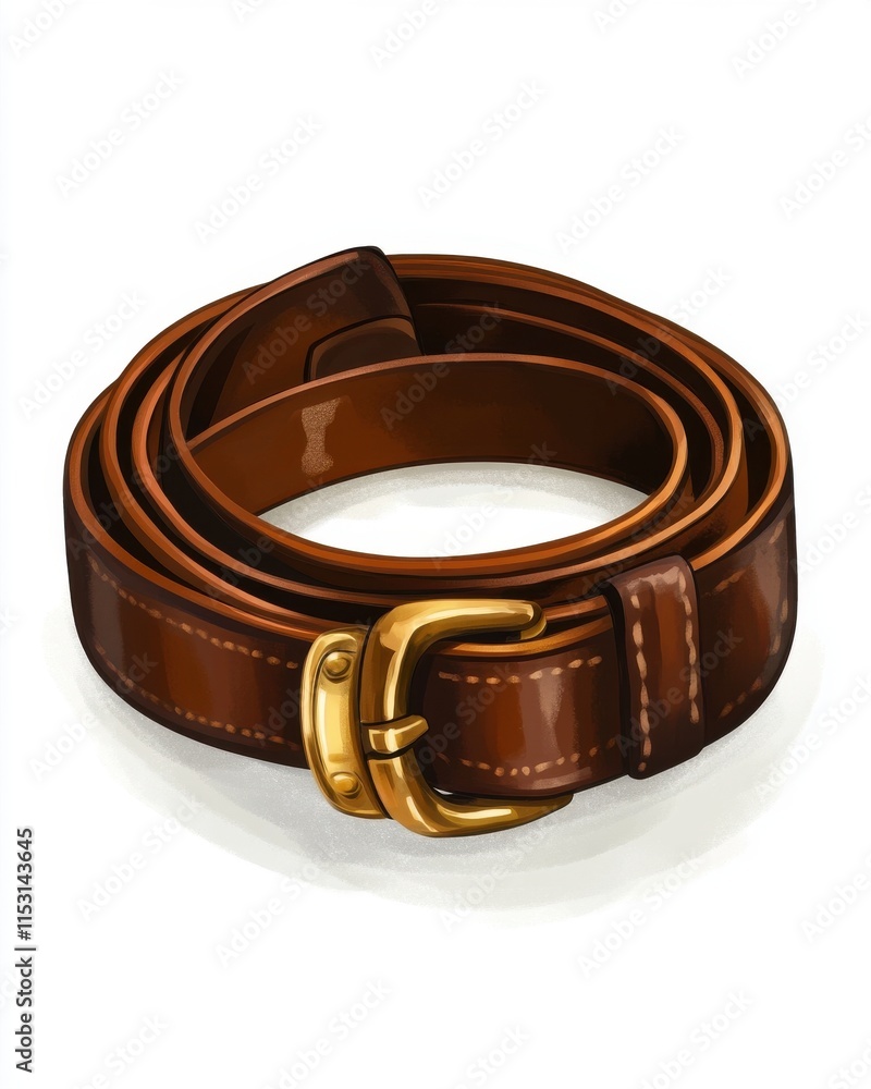 A stylish brown leather belt with a shiny gold buckle, elegantly coiled on a white background. A stylish brown leather belt with a shiny gold buckle, elegantly coiled on a white background.