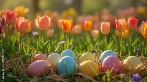 Tulips and Easter eggs in sunny outdoor garden setting.