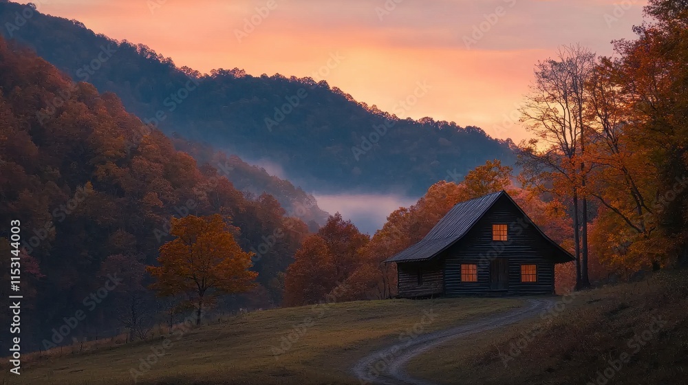 Cozy Mountain Cabin at Sunset Surrounded by Vibrant Autumn Foliage and Misty Hills Cozy Mountain Cabin at Sunset Surrounded by Vibrant Autumn Foliage and Misty Hills