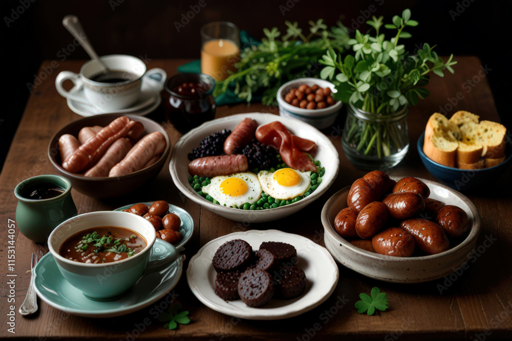 Traditional irish breakfast with sausages, black pudding, and eggs on rustic table Traditional irish breakfast with sausages, black pudding, and eggs on rustic table