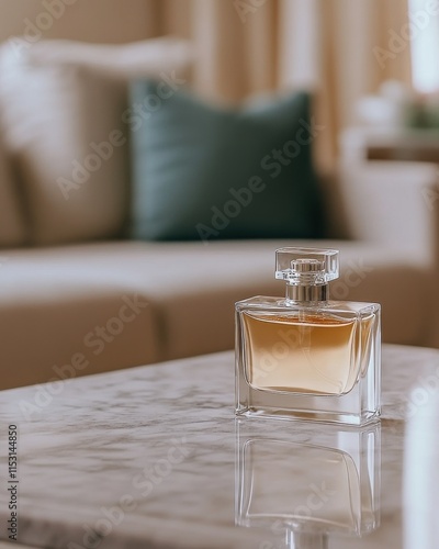 Elegant glass perfume bottle reflecting on a marble table in a serene living room setting. photo