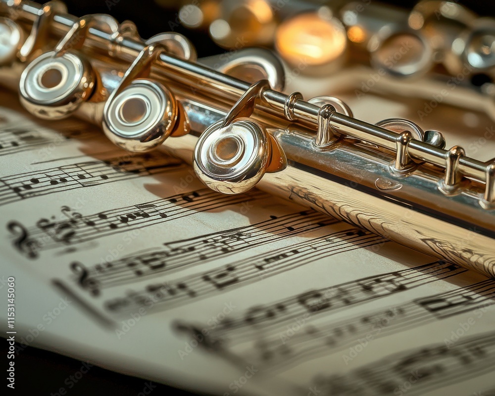 Obraz premium Close-up of a silver flute resting on music sheets, highlighting the instrument's intricate details and the elegance of music.