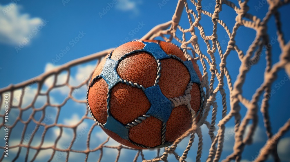 A close-up view of a handball stuck in a goal net, showcasing its textured surface and vibrant colors against the blue sky. A close-up view of a handball stuck in a goal net, showcasing its textured surface and vibrant colors against the blue sky.