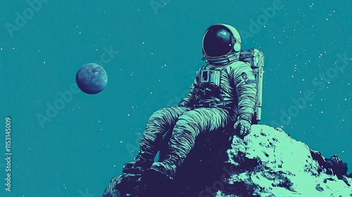 Astronaut sitting on a rock in space, contemplating Earth.