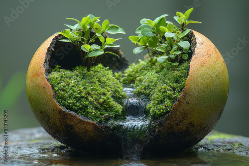 A lime turned into a miniature terrarium, with moss, tiny plants, and a trickle of water flowing inside its hollowed-out shell, photo