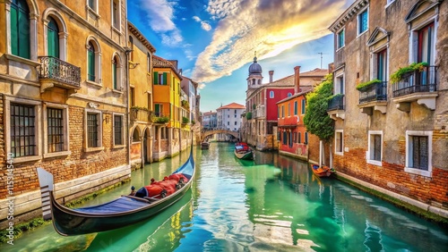 Gondolas gliding on Venice canals, romantic Italian cityscape with copy space
