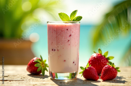 Wallpaper Mural Refreshing strawberry smoothie with fresh berries on a sunny beach day Torontodigital.ca