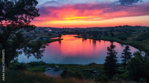 Wallpaper Mural A serene sunset over a calm lake, reflecting vibrant colors and surrounded by hills and trees. Torontodigital.ca