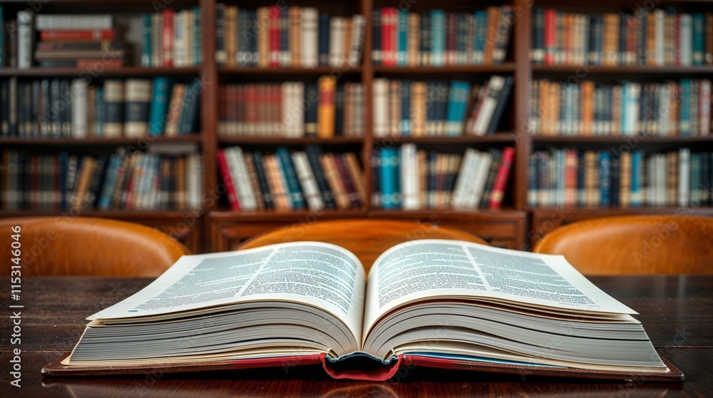 Open Book on wood table and blurred bookshelf in the library, education background, back to school concept Open Book on wood table and blurred bookshelf in the library, education background, back to school concept