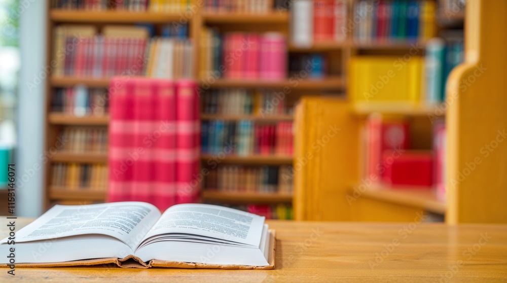 Open Book on wood table and blurred bookshelf in the library, education background, back to school concept Open Book on wood table and blurred bookshelf in the library, education background, back to school concept