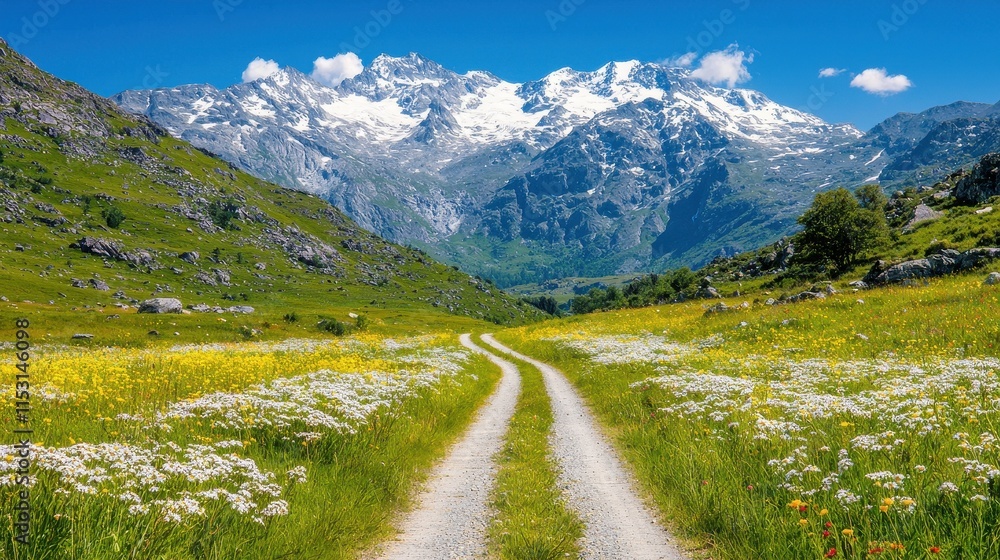 Obraz premium Scenic Mountain Pathway Surrounded by Lush Green Fields and Snow-Capped Peaks