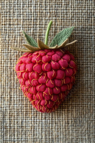 A raspberry crafted from soft red fabric, with delicate stitching forming the fruitâ€™s textured surface, photo