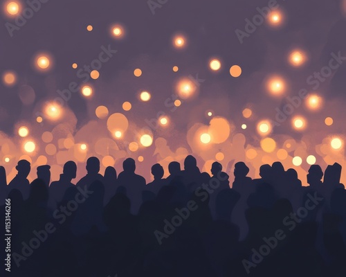 Silhouetted crowd against a backdrop of glowing lights, creating a vibrant and energetic atmosphere.