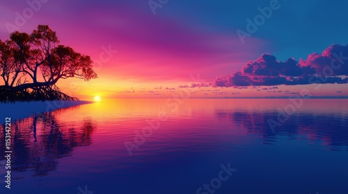 Serene Sunset Over Tranquil Waters and Silhouetted Trees by the Beach