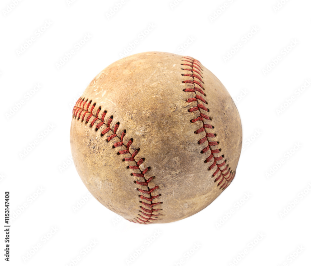 Well used of old worn baseball isolated on white background.
