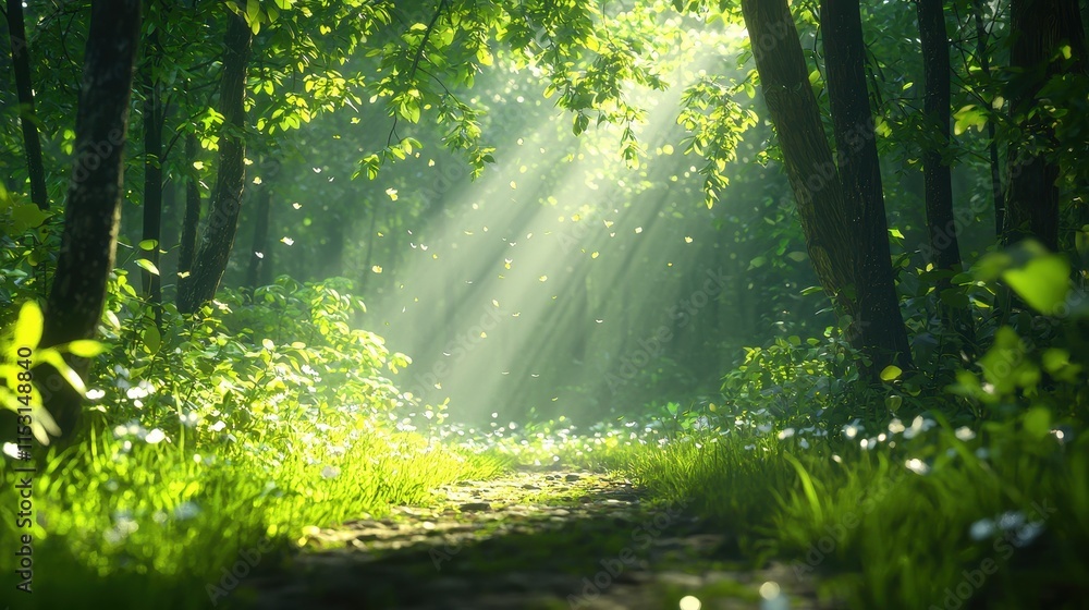 Fototapeta premium Serene Sunlight Filtering Through Lush Green Foliage in a Tranquil Forest Path