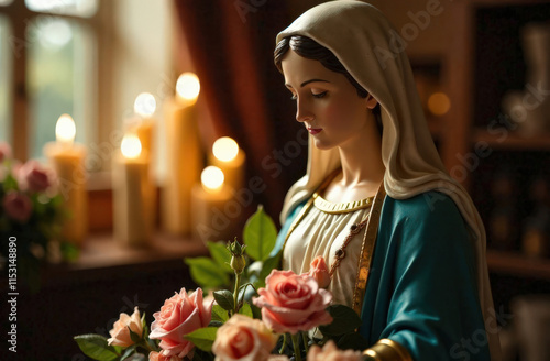 Serene figurine of saint mary with roses in candlelit ambiance