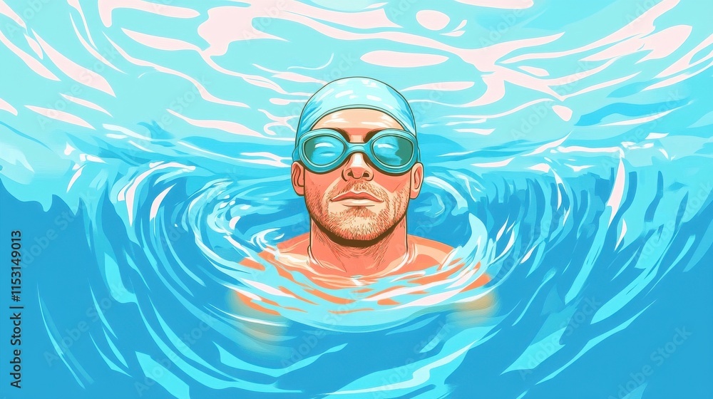 Naklejka premium A young Caucasian man in a swimming cap and goggles, floating serenely in a vibrant blue pool.