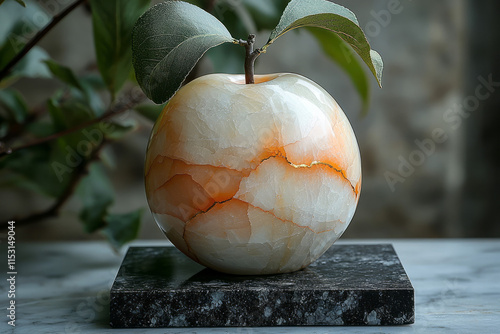 A loquat sculpted from marble, with veins of gold accentuating its tiny, smooth form, photo