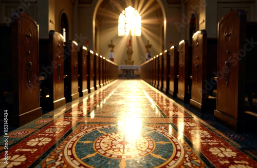 Sunlit interior of a historic church with ornate tile and wooden pews photo