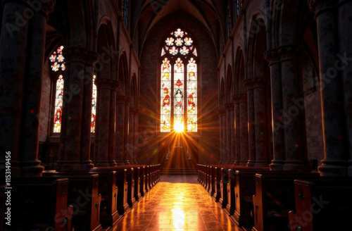 Sunlight streaming through stained glass in majestic cathedral interior photo