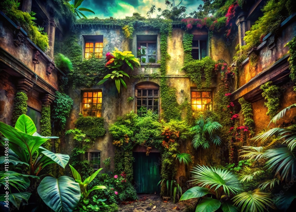 Fototapeta premium Grunge Ink Banner with Lush Greenery: Architectural Photography