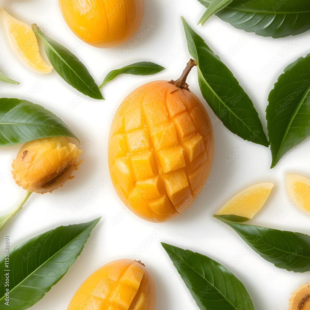 A vibrant image of fresh mango with perfectly sliced pieces A vibrant image of fresh mango with perfectly sliced pieces
