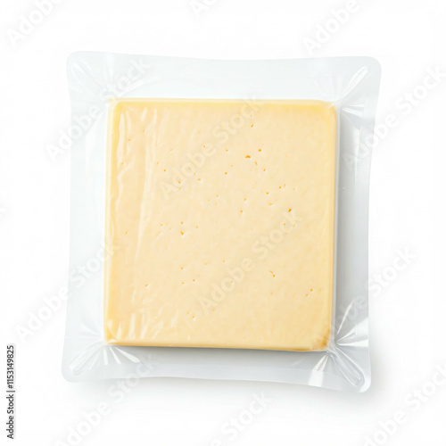 vacuum sealed block of yellow cheese isolated on white background