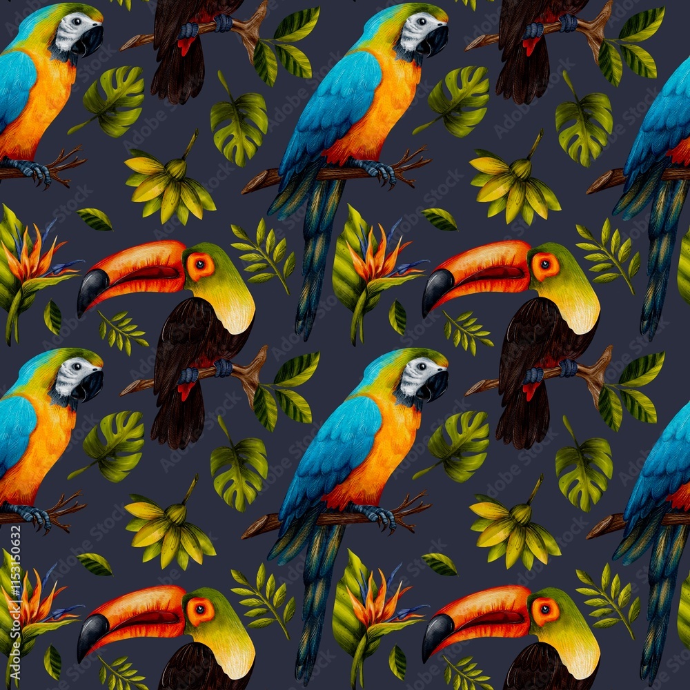 seamless pattern with birds parrot and toucan