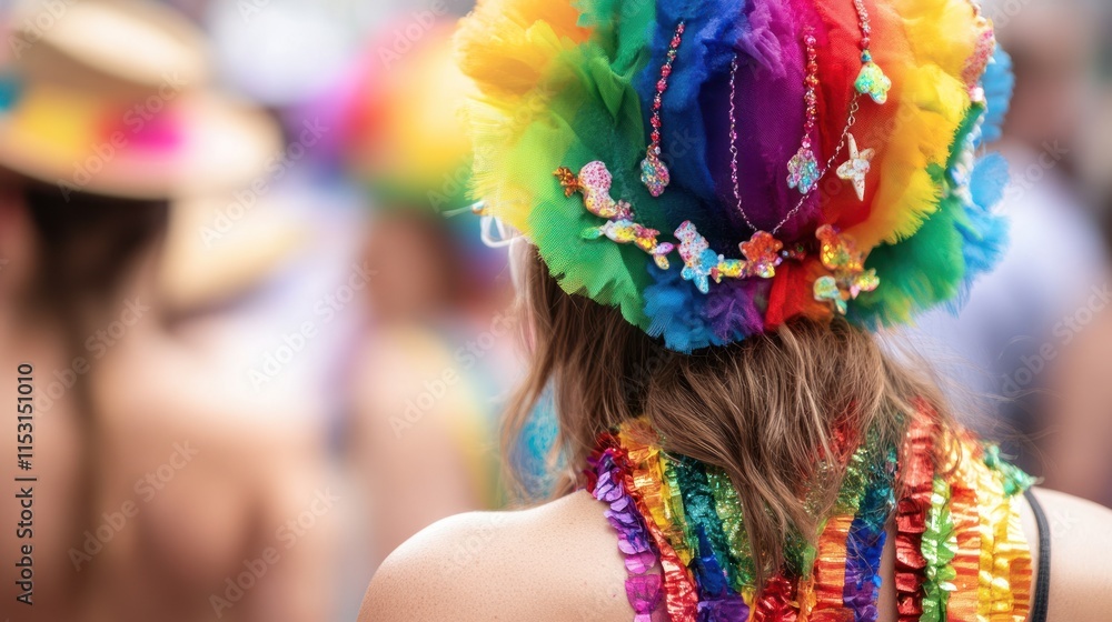 Naklejka premium Woman Wearing a Colorful Hat and Necklace at a Festival