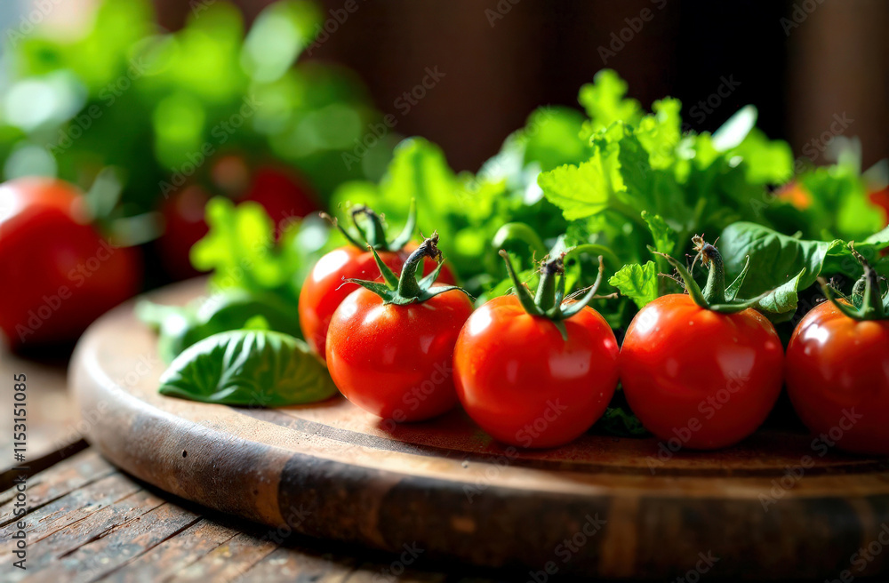 Fresh cherry tomatoes and green herbs on rustic wooden plate in sunlight Fresh cherry tomatoes and green herbs on rustic wooden plate in sunlight
